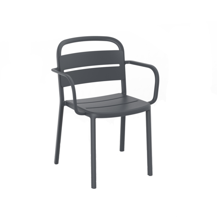 Cadeira de braços Komo, by Joan Gaspar, cor cinza escura. Uso externo ou interno