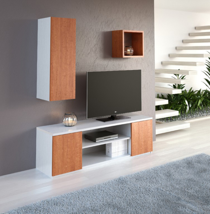 Cenário de sala com movel de tv, modulo de paraede e cubo decorativo em madeira