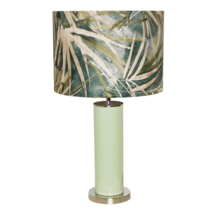 Table lamp with cylindrical base in green glass and cylindrical lamp shade with abstract pattern in shades of green and bege