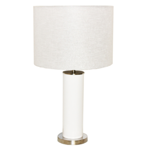 Table lamp with cylindrical base in golden transparent glass and cylindrical lamp shade with brown, beg and green leaves