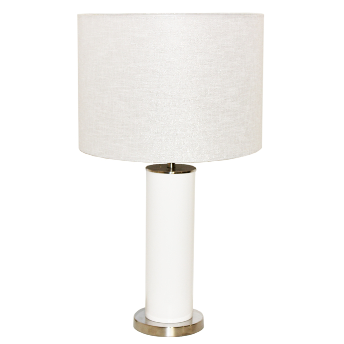 Table lamp with cylindrical base in golden transparent glass and cylindrical lamp shade with brown, beg and green leaves