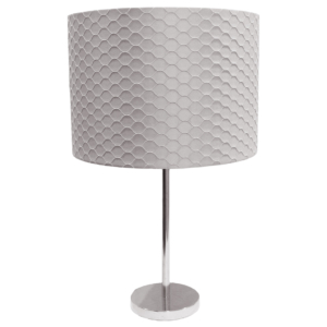 Table lamp with grey base and grey cylindrical lamp shade with relief