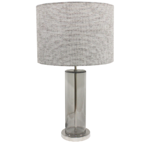 Table lamp with cylindrical base in grey transparent glass and grey cylindrical lamp shade