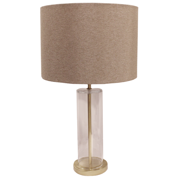 Table lamp with cylindrical base in golden transparent glass and cylindrical lamp shade in light brown glossy