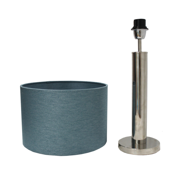 Table lamp with cylindrical stainless steel base and blue cylindrical lamp shade