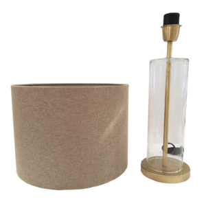 Table lamp with cylindrical base in golden transparent glass and cylindrical lamp shade in light brown glossy