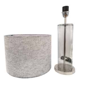 Candeeiro de mesa com base cilíndrica em vidro cinza com transparência e abat-jour cilíndrico cinza brilhante