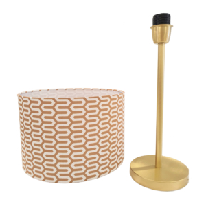 Table lamp with gold base and cylindrical lamp shade with brown pattern