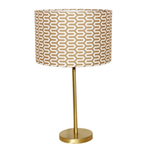 Table lamp with gold base and cylindrical lamp shade with brown pattern