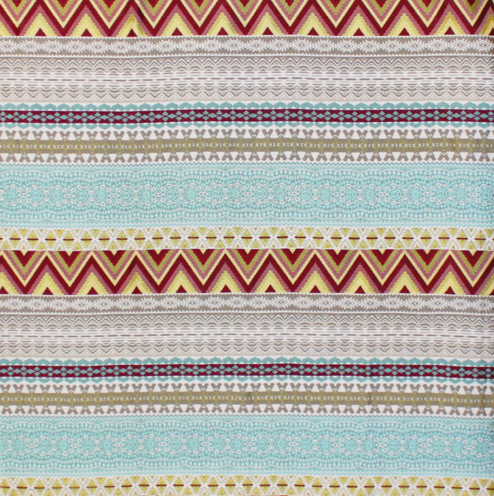 Decorative fabric, for soft upholstery, with vertical lines, zig-zag pattern, many forms with red, blue, yellow colours
