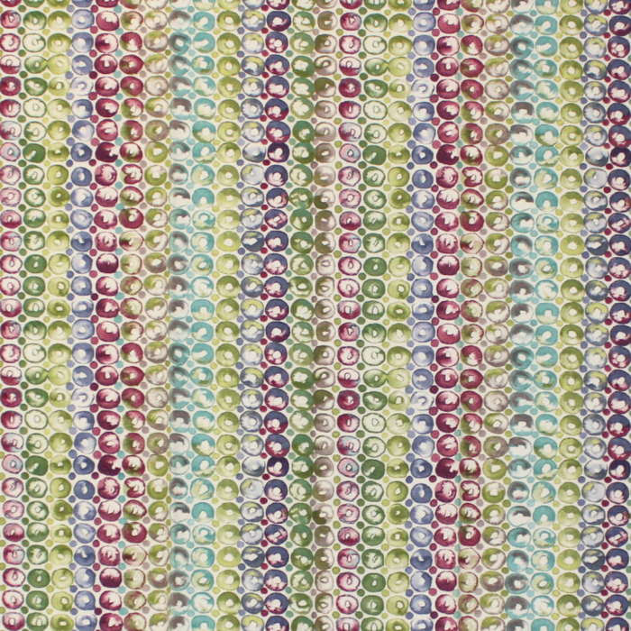 Tecido decorativo e para estofo ligeiro com padrão vertical efeito bolas em tons de roxo, verde, azul, rosa