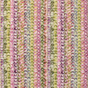 Tecido decorativo e para estofo ligeiro com padrão vertical efeito bolas em tons de roxo, verde, azul, rosa, laranja