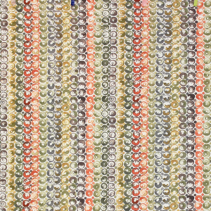Tecido decorativo e para estofo ligeiro com padrão vertical efeito bolas em tons de verde, laranja, castanho, cinzento