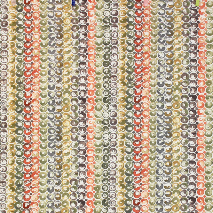 Tecido decorativo e para estofo ligeiro com padrão vertical efeito bolas em tons de verde, laranja, castanho, cinzento