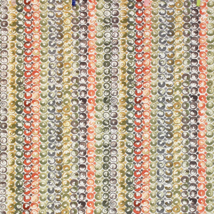 Decorative and soft upholstery fabric with vertical polka dot pattern in shades of green, orange, brown, grey