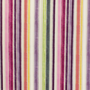 Tecido decorativo ou para estofo ligeiro com riscas verticais de várias cores: roxo, rosa, amarelo, verde, branca, azuis, laranja