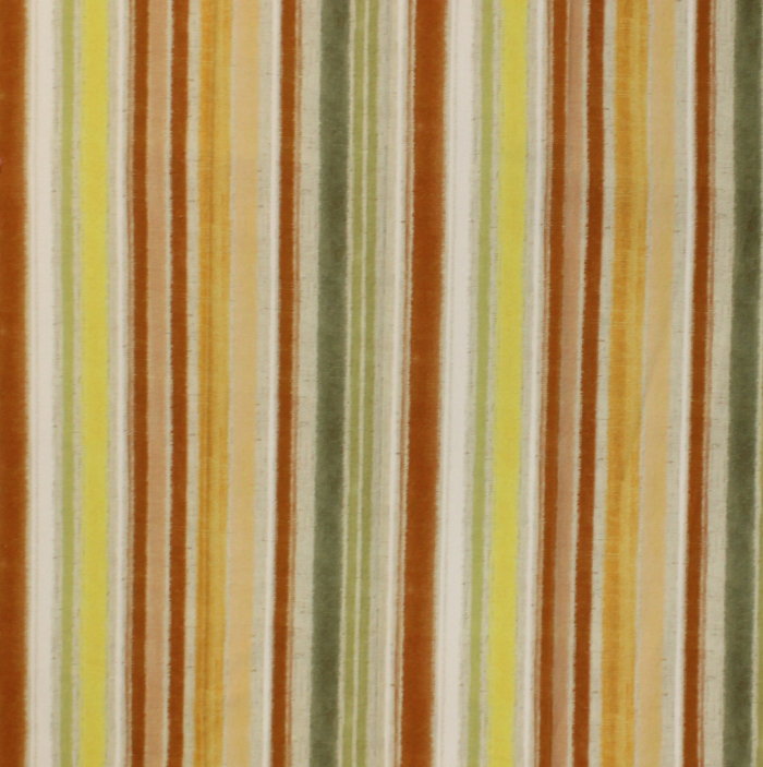 Tecido decorativo ou para estofo ligeiro com riscas verticais de várias cores: amarelo, verde, laranja, castanha