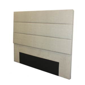 Upholstered headboard with beige fabric. Vertical stripes pattern