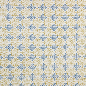 Decorative fabric and for soft upholstery in shades of yellow and blue, with tile pattern