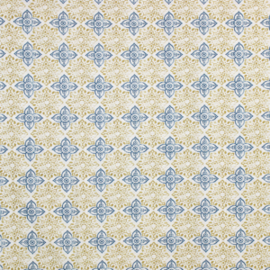 Tecido decorativo e para estofo ligeiro em tons de amarelo e azul, com padrão de azulejo