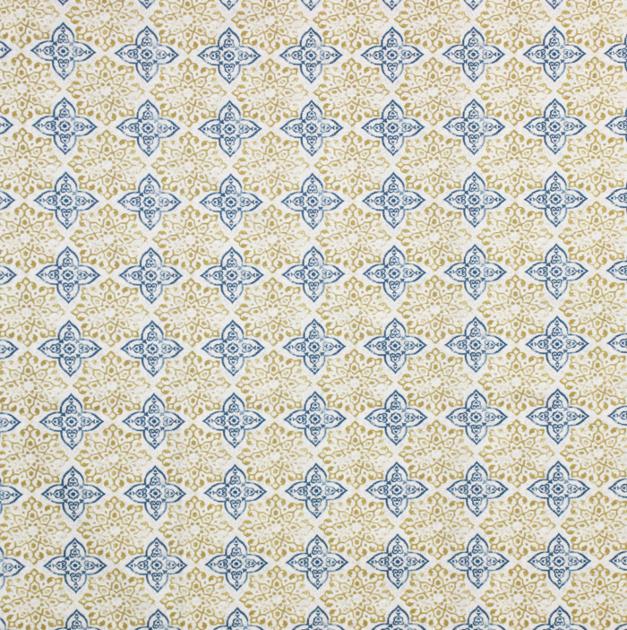 Tecido decorativo e para estofo ligeiro em tons de amarelo e azul, com padrão de azulejo