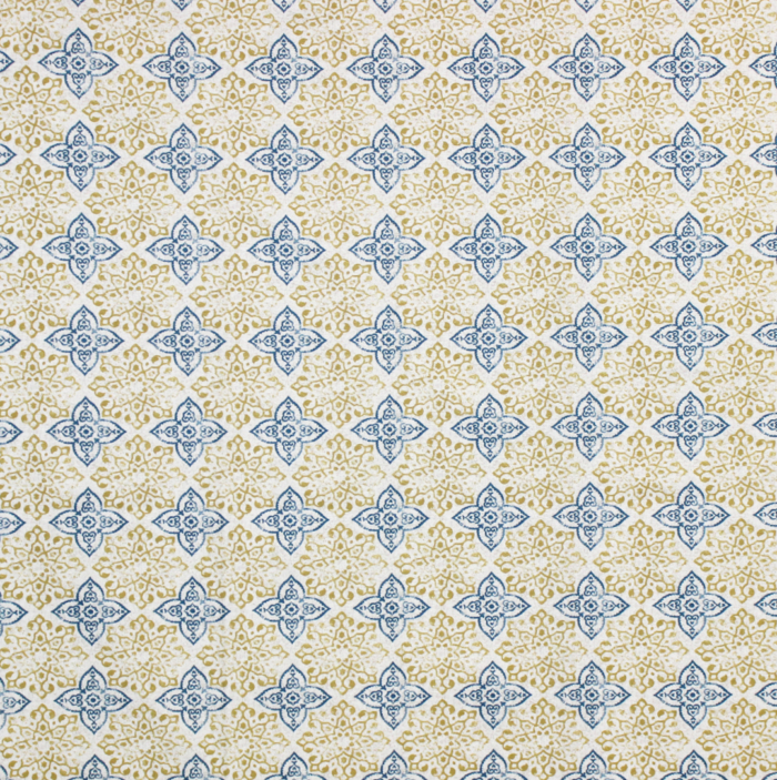 Decorative fabric and for soft upholstery in shades of yellow and blue, with tile pattern