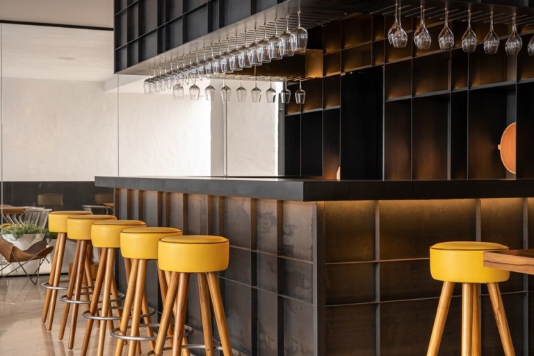 Restaurant with yellow high stools