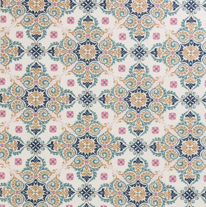 Decorative fabric and soft upholstery with a pattern reminiscent of tiles in shades of pink, yellow, blue and green