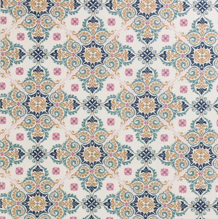 Tecido decorativo e para estofo ligeiro com padrão a fazer lembrar azulejos em tons de rosa, amarelo, azul e verdes