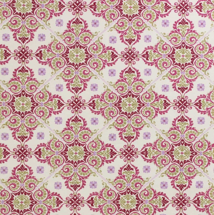 Decorative fabric and for soft upholstery with a pattern reminiscent of tiles in shades of pink, yellow and green