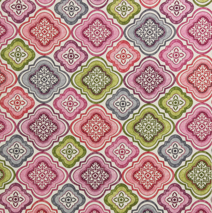 Decorative fabric with pattern and geometric shapes in shades of pink, green, purple, blue