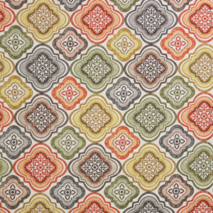Decorative fabric with pattern and geometric shapes in shades of orange, yellow, green
