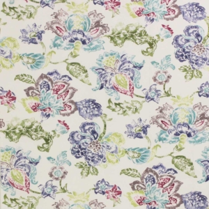 Decorative and soft upholstery fabric with floral patterns, in shades of green, purple, dark pinks