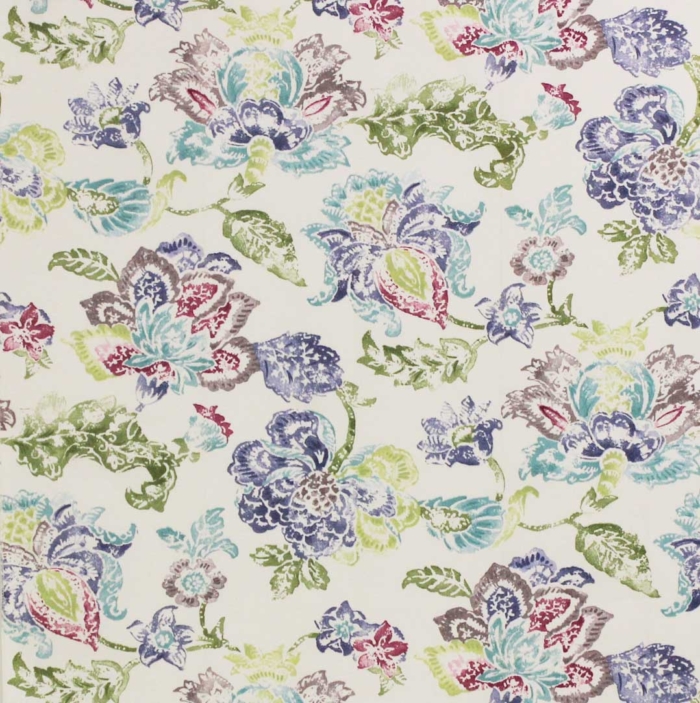 Decorative and soft upholstery fabric with floral patterns, in shades of green, purple, dark pinks