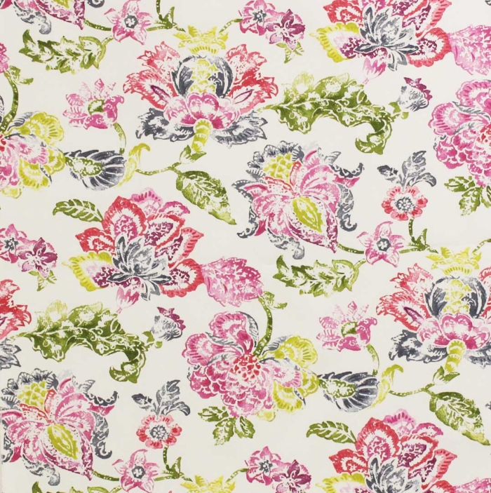 Decorative and soft upholstery fabric with floral patterns, in green and dark pink tones