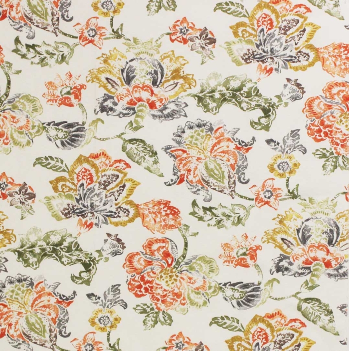 Tecido decorativo e para estofo ligeiro com padrões florais, em tons verde e laranjas