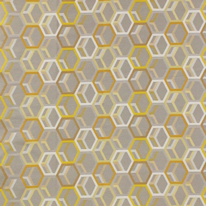 Tecido decorativo com formas geométricas em tons de amarelo torrado, branco e cinza