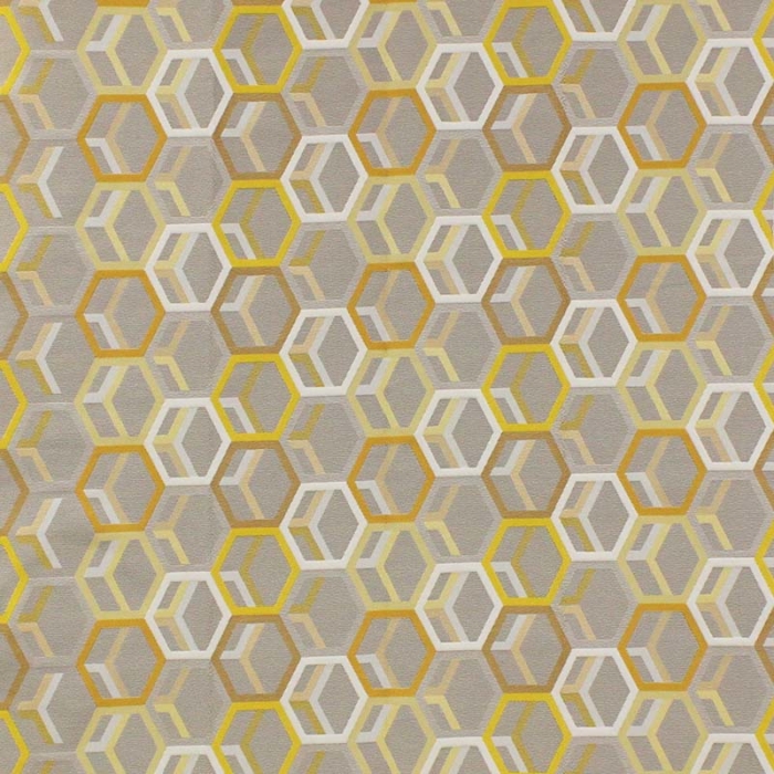 Tecido decorativo com formas geométricas em tons de amarelo torrado, branco e cinza