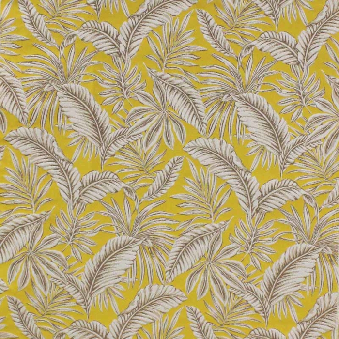 Tecido decorativo amarelo com folhas cinzenta