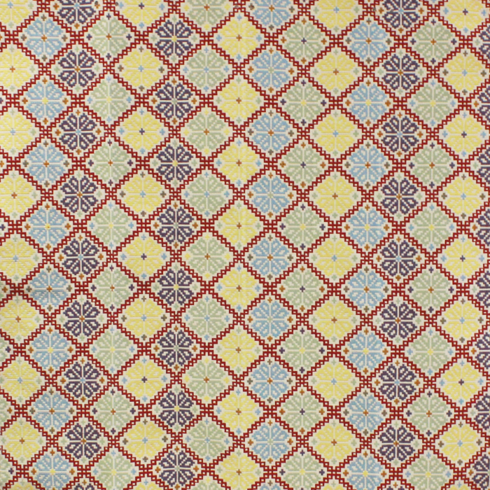 Decorative fabric with diamonds in yellow, blue, red tones