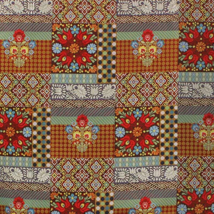 Tecido decorativo com formar quadradas e retangulares, com cores quentes