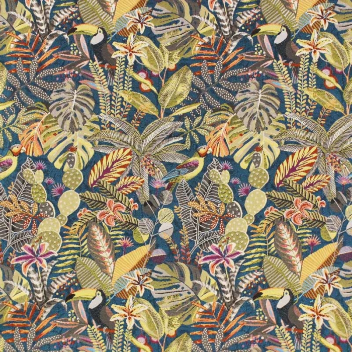Decorative fabric for cushions or soft upholstery, with tropical pattern, leaves birds and parrots