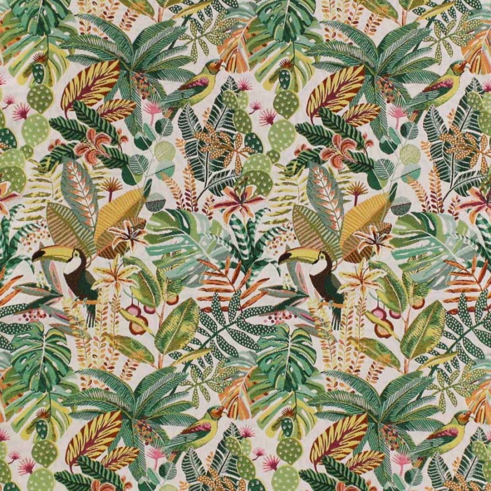 Decorative fabric for cushions or soft upholstery, with tropical pattern, leaves birds and parrots