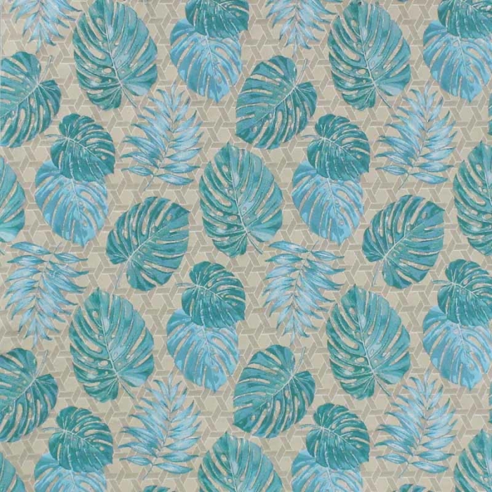 Decorative and soft upholstery fabric with a grey and blue leaf pattern