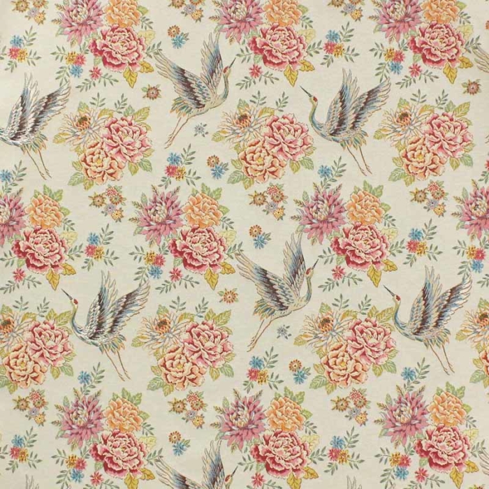 Decorative fabric with birds and beige, pink and orange flowers